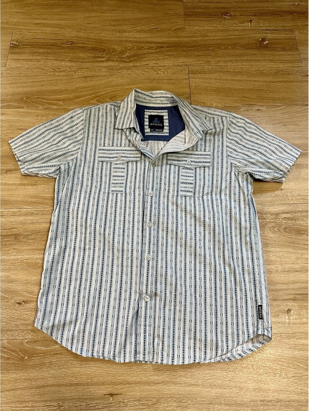 PrAna Button Short Sleeve Shirt Striped Mens Sz S Organic Blue Pocket Outdoors